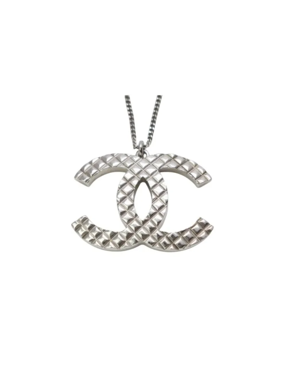 Chanel CC Logo Necklace 07 47.5 Quilted Metal Silver